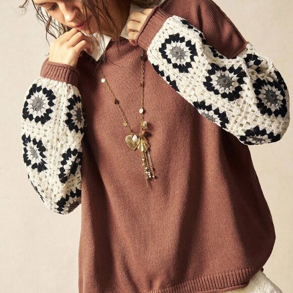 Brown Casual Women's Boho Crochet Patchwork Sweater top - Picture 2 of 8